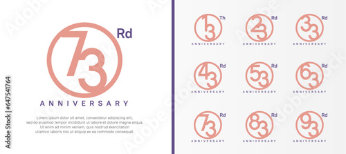 set of anniversary logo pink color number in circle and purple text on white background for celebration