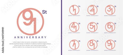 set of anniversary logo pink color number in circle and purple text on white background for celebration