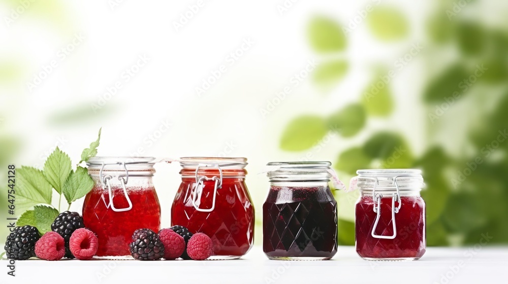 Sweet jam in glass jars with ripe berries on white Sweet jam in glass jars with ripe berries on white