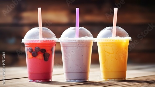 Sweet smoothie in plastic cups on wooden table