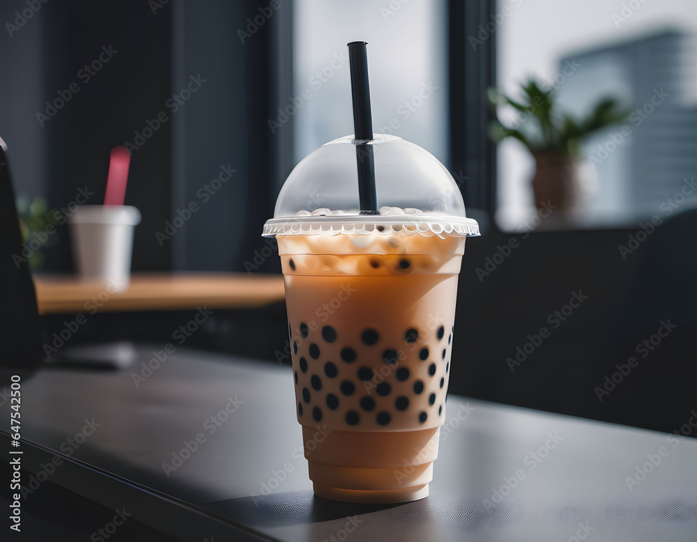 Hand holding a plastic cup of bubble tea. AI generative. Hand holding a plastic cup of bubble tea. AI generative.