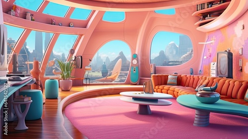 A Futuristic Living Room in Cartoon Style. Charming Pastel Animation