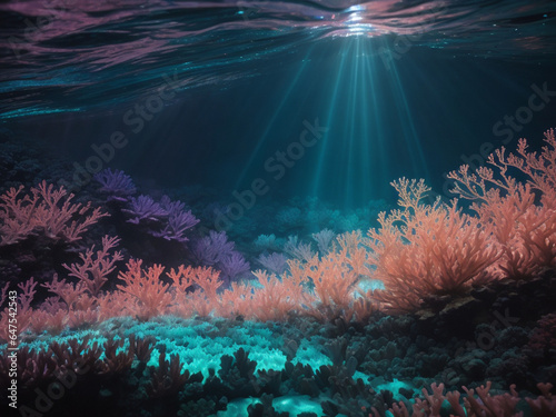 Underwater view of coral reef with ray of light. photo