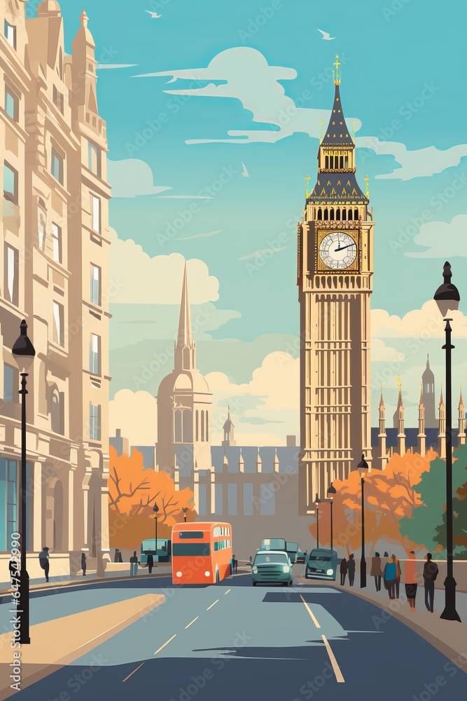 London retro city poster with Big Ben and red bus