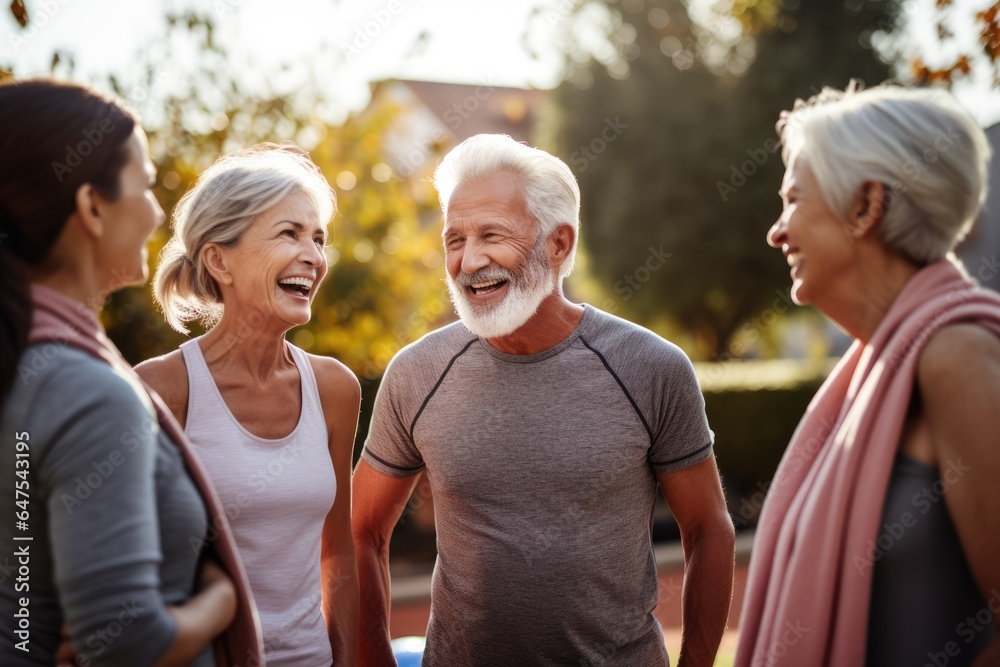 Cheerful Mature Friends Enjoy Post Workout conversation outdoor Cheerful Mature Friends Enjoy Post Workout conversation outdoor