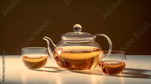 Glass Teapot and Cups on Light Background. AI generated