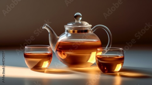 Glass Teapot and Cups on Light Background. AI generated