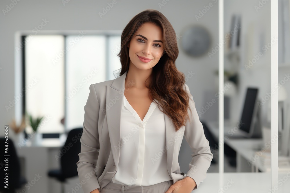 Close up portrait of smiling beautiful millennial businesswoman or CEO looking at camera, happy female boss posing making, confident successful woman at work.