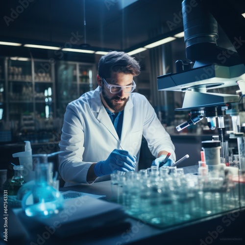 Young Scientist, researcher, technician or student wear glasses and blue rubber gloves while standing with crossed arms and looking away by Confident in a modern laboratory. Education