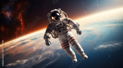 Astronaut on a rock surface with a space background. an astronaut standing on the lone planet with him looking forward.
