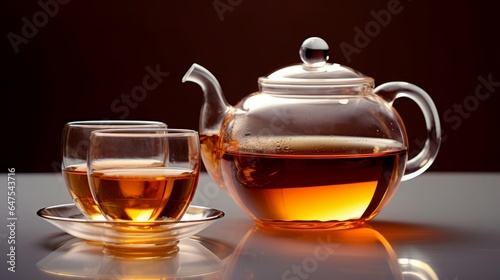 Glass Teapot and Cups on Light Background. AI generated