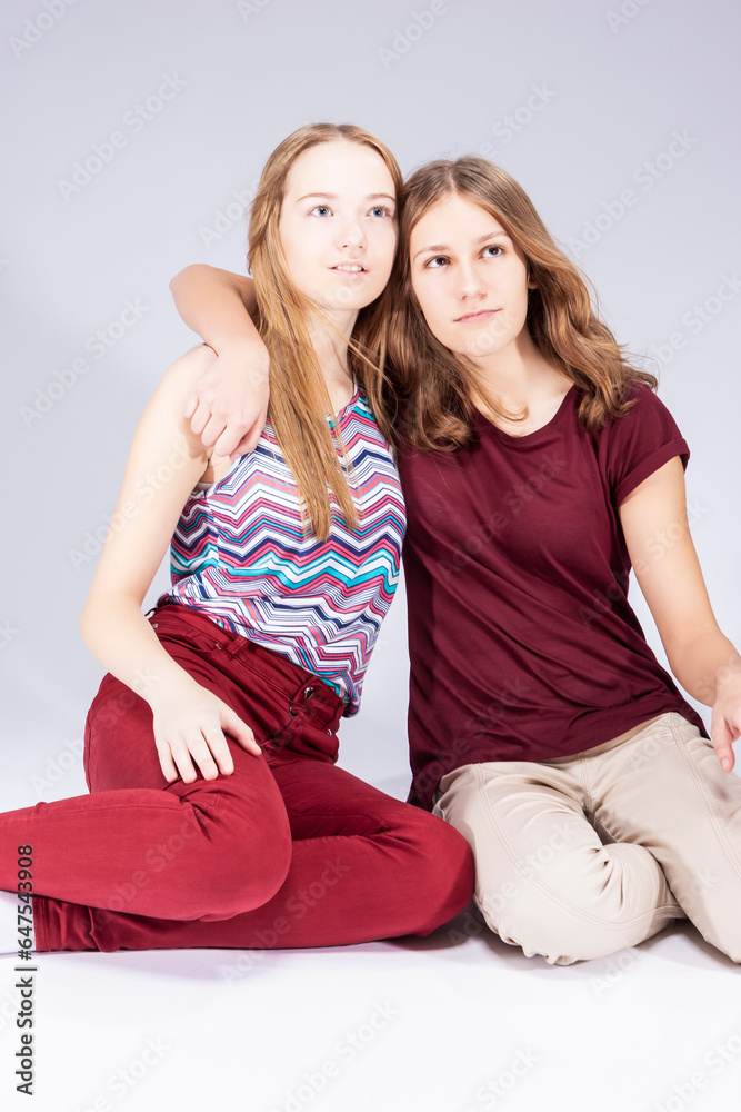 Couple of Two Winsome Caucasian Girlfriends Together While Sitting Embraced Over White Background. Couple of Two Winsome Caucasian Girlfriends Together While Sitting Embraced Over White Background.