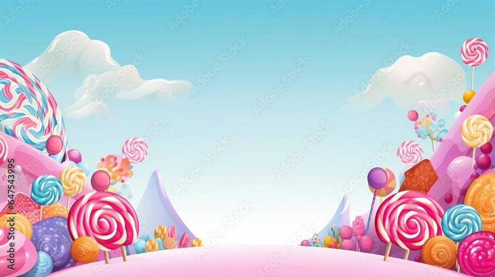 backround Candy wonderland with oversized sweets and lollipops
