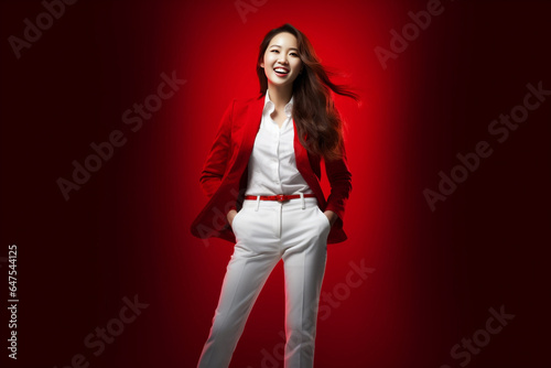 A confident and smart young Asian woman in a white and red suit performs on stage under the spotlight's glow. Generative AI.