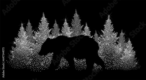 Bear in a snowy forest abstraction. Silhouette of a bear. Winter greeting card or invitation. Christmas background. Vector illustration