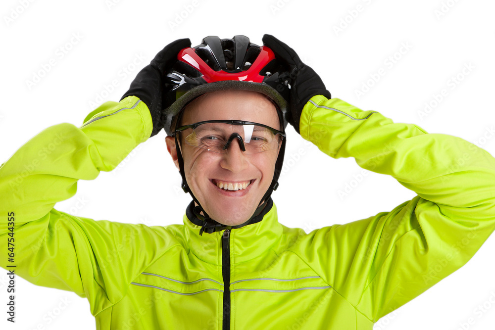 Smiling Cyclist Posing Equipped in Green Jacket With Glasses and Helmet Against White Smiling Cyclist Posing Equipped in Green Jacket With Glasses and Helmet Against White