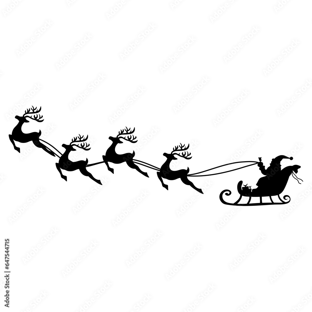 Vector Christmas black  with Santa Claus riding his sleigh pulled by reindeers.