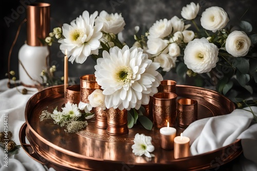 Romantic Table Setting  White Flowers  Candles  and Vintage Copper Tray