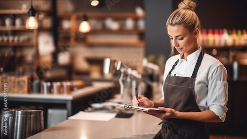 female waiter stands on the background of the restaurant writes down the order in a notebook