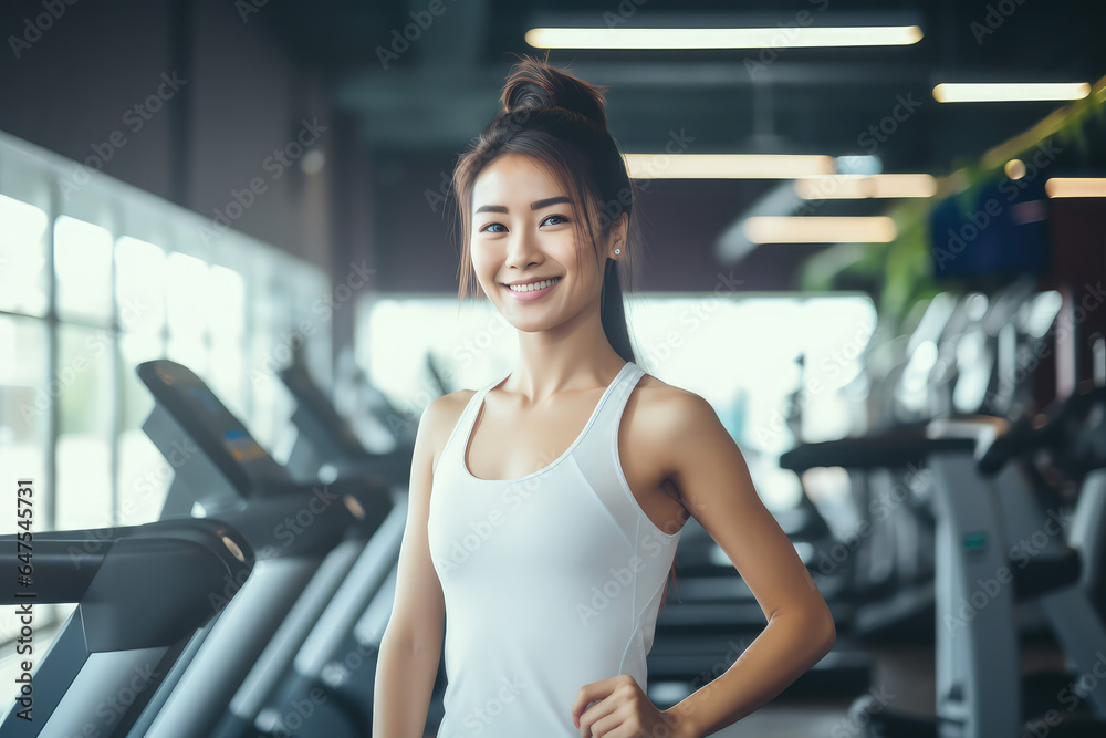 Portrait of happy beautiful woman exercising in fitness gym studio