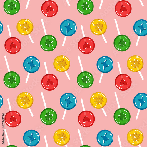 Seamless lollipop pattern on a candy stick, hand-drawn vector illustration with flat colored candies. Sweets with different images and flavors Lemon, cherry, apple, blueberry on pink background