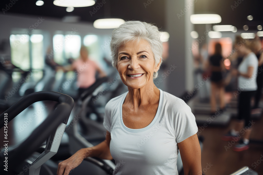 Portrait of happy senior woman exercising in fitness gym studio