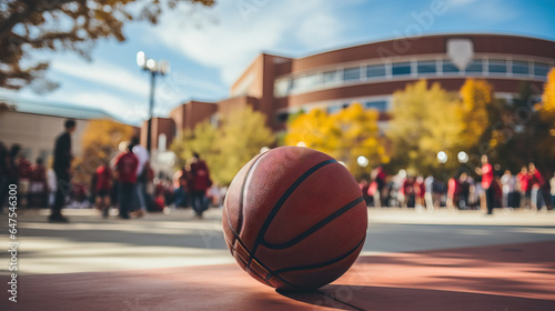 Close-Up of a Basket Ball on a Playground in Front of Stadium: Sports Equipment in Action