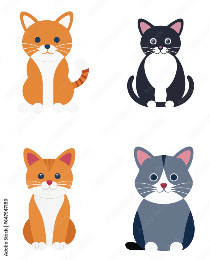 Set of vector illustrators cats, animal cartoon icons, flat 2D icons, nature, kittens and pets.