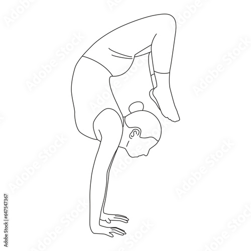 Line art of woman doing yoga in Handstand Scorpion pose vector.