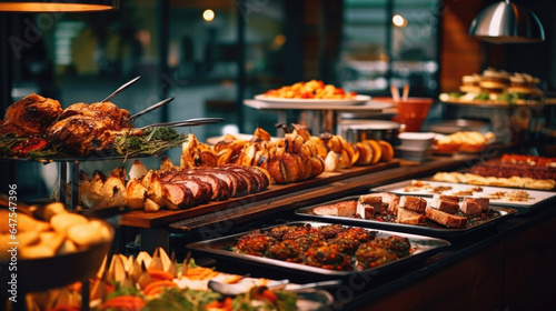 Buffet Dinner, Open Buffet with a very delicious varieties of barbecue , pastries , desserts. Generative Ai