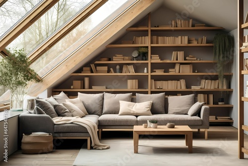Sofa against bookshelf in a cozy livingroom