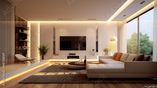 living room, Minimalist style interior design of modern living room with tv. © JKLoma
