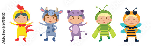Funny Kid Characters Wearing Festive Party Costumes Vector Set