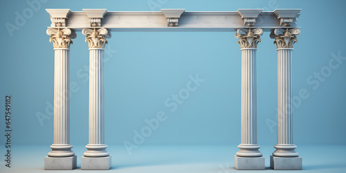 Four Ancient Pillars Against A Black Background,,,,,,, Display Of Vases With White Columns And A Light Pink Background 