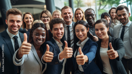 overjoyed young diverse employees workers show thumb up recommend good quality company service.