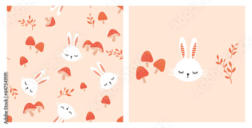 Seamless pattern with bunny rabbit cartoons, mushroom and autumn branch on orange background vector illustration.