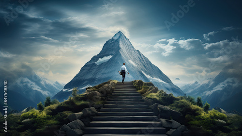 Depict of businessman ascending the staircase of opportunity and achievement meanwhile it can be conveyed as overcoming obstacles, problems, challenges. photo