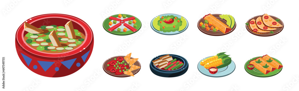 Bright Mexican Food and Dish Served on Plate Vector Set Bright Mexican Food and Dish Served on Plate Vector Set