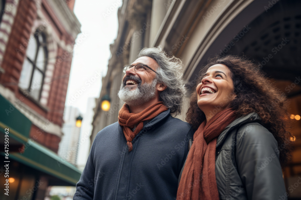 happy man and woman are looking at the old city. Travel concept. generative ai. happy man and woman are looking at the old city. Travel concept. generative ai.
