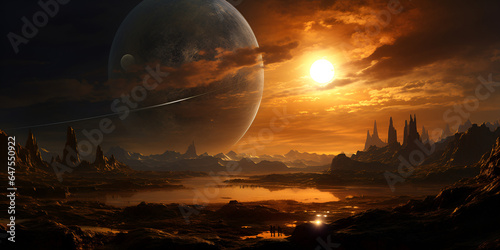 A planet with two moons on itgenerative ai,,.,.. Alien world deep space landscape 