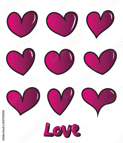 Collection set heart pink colour gradient isolated white background