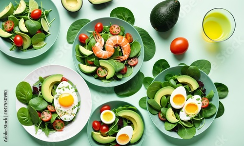 Rich plates of salad from green leaves mix and vegetables with avocado or eggs, chicken and shrimps isolated