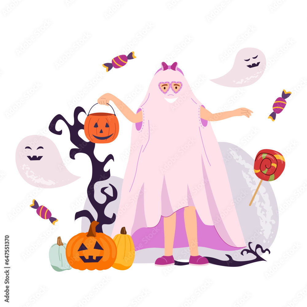 Happy girl in trendy ghost costume trick or treat pumpkin going to party with carnival decorations. Halloween holiday party children creepy celebration in kindergarten or school. Vector illustration