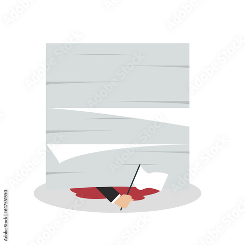 Businessman surrender show the white flag under a lot of documents photo