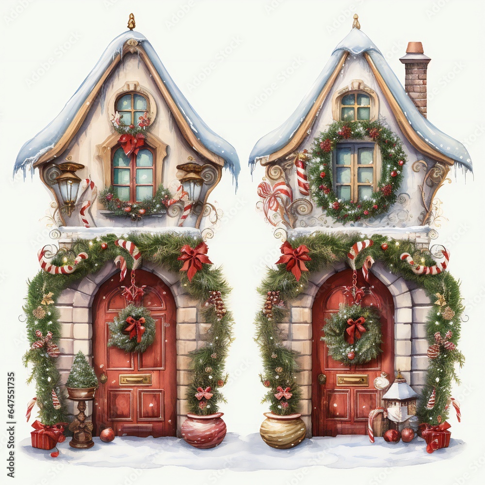 Fototapeta premium Cecorated Christmas cosy house doors on white background Generative AI