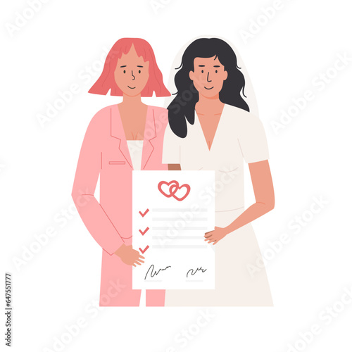 A cute female couple holding signed marriage certificate. Married lesbian women with prenup document. Newlywed LGBTQ brides or wifes. Romantic same sex marriage of love partners. Vector illustration.