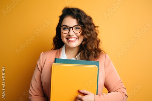 Young plus size businesswoman smiling happy holding binder in the office. Generative AI