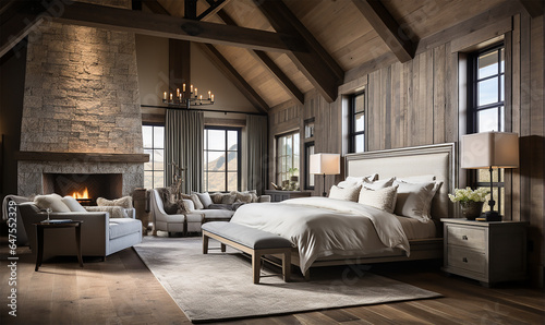modern bedroom featuring farmhouse interior design elements and hardwood floors © Desyta