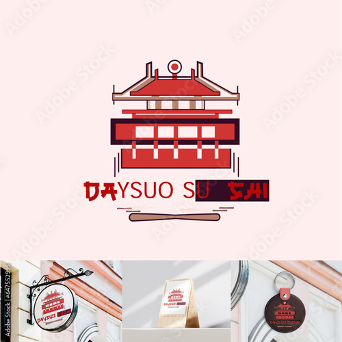 Sushi logo template. Japanese traditional cuisine, tasty food icon. japanese text translation "sushi". asian sushi bar vector logo.