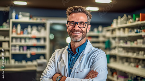 photograph of Smiling portrait of a handsome pharmacist in a pharmacy store.generative ai photo